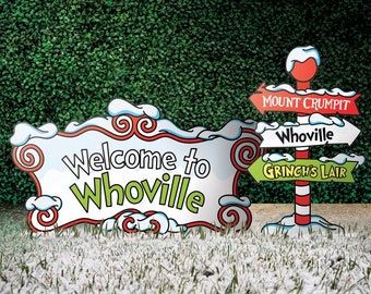 Diy Whoville Decorations, Welcome To Whoville Sign, Whoville Christmas Decorations Diy, Diy Whoville, Whoville Sign, Whoville Decorations, Welcome To Whoville, Grinch Yard Decorations, Whoville Christmas Decorations