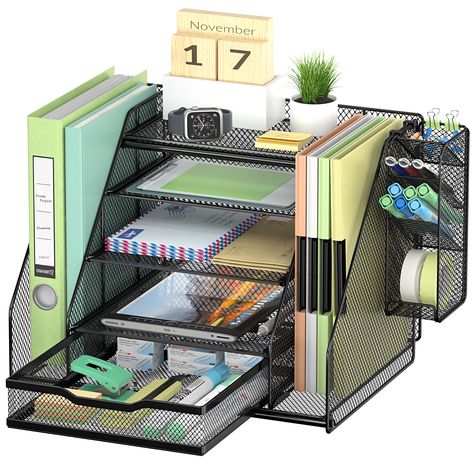 PRICES MAY VARY. ✔️【MULTIFUNCTIONAL DESK ORGANIZER】-VIVSOL desk organizer and accessories have 4 sliding trays, 2 vertical file organizers, 1 large capacity pen holder and 1 sliding drawer, providing you with various types of office supplies storage to keep your desk clean and tidy. 📌【SAFE & STURDY CRAFTSMANSHIP】- Office organizers and accessories are made of lightweight metal mesh steel structure, the mesh surface structure is stable and not easy to deform, and the snap links are not easy to s Desk Organizer Shelf, Office Supply Storage, Organizer Desk, Letter Tray, File Holder, Desk Organization Office, File Organiser, Wooden Pallet Projects, Teaching Life