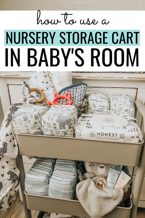 Nursery storage cart, nursery utility cart, rolling cart for the nursery, diaper cart, 3 tiered cart nursery Utility Cart For Nursery, Nursery Side Table Organization, Infant Storage Ideas, Nursery 3 Tier Cart, Nursery For Small Room, Storage Cart Nursery, Nursery Utility Cart Organization, Small Space Twin Nursery, Rolling Cart For Nursery