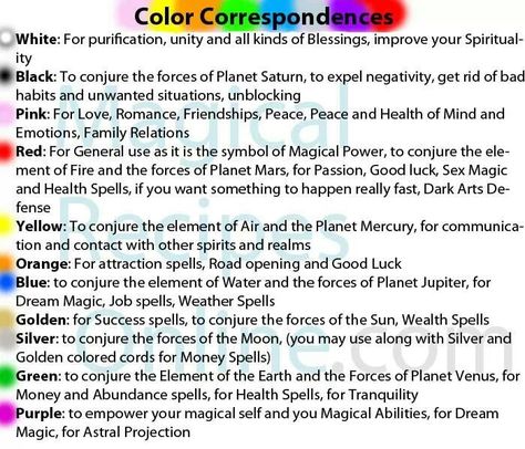 Color correspondence Color Correspondences, Candle Magic Colors, Witch Knowledge, Candle Magik, 4 Witches, Knot Magic, Magickal Correspondences, Health Spell, Candle Color Meanings