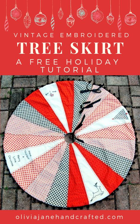 Use this FREE easy tutorial to make your very own vintage embroidered tree skirt. You can customize it and make the perfect tree skirt for your family this Christmas. Diy Christmas Tree Skirt, Embroidered Tree, Christmas Tree Skirts Patterns, Skirt Pattern Free, Tree Skirt Pattern, Xmas Tree Skirts, Crochet Christmas Decorations, Skirt Tutorial, Simple Christmas Tree