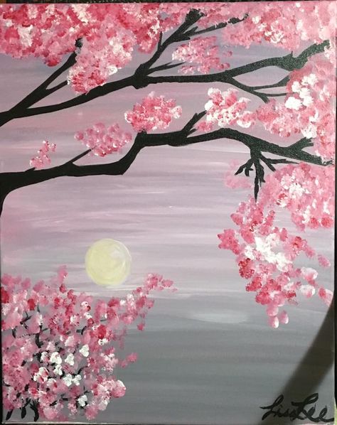 Easy Sakura Painting, Cherry Blossom Tree Painting Easy, Easy Cherry Blossom Painting, Sakura Tree Painting, Pink Tree Painting, Cherry Blossom Tree Painting, Cherry Blossom Painting Acrylic, Tree Painting Easy, Painting Ideas Easy Simple