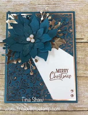 Tina Loves to Stamp: Split Front Panel Card with Poinsettia Petals Die Cut Christmas Cards, Poinsettia Cards, Stamped Christmas Cards, Christmas Card Inspiration, Homemade Christmas Cards, Stampin Up Christmas Cards, Christmas Card Crafts, Christmas Poinsettia, Diy Christmas Cards