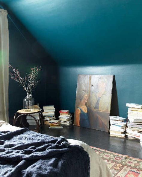 Fashion for the Home – Deep Blues Fall Interior Design, Bedroom Eclectic, Living Colors, Moody Bedroom, Teal Walls, Eclectic Bedroom, Attic Bedroom, Blue Rooms, Blue Bedroom