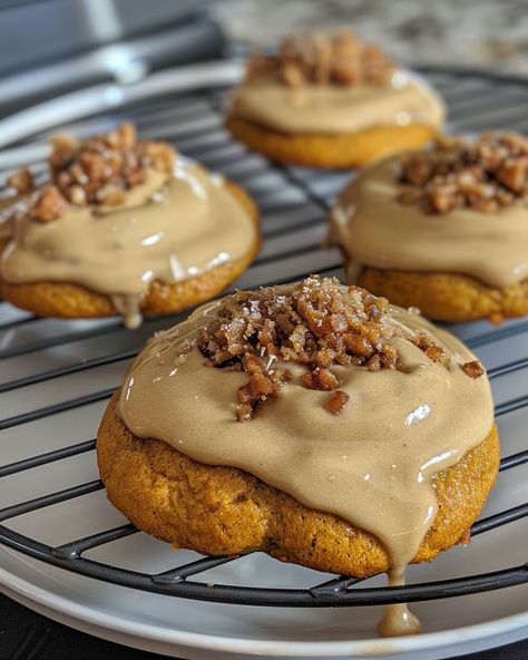 Cozy Pumpkin Cookies with Brown Butter Icing Brown Butter Iced Pumpkin Cookies, Pumpkin Date Cookies, Icing For Pumpkin Cookies, Pumpkin Cookies With Brown Butter Icing, Cookies With Brown Butter, Frosted Pumpkin Cookies, Brown Butter Icing, Iced Pumpkin Cookies, Brown Sugar Icing