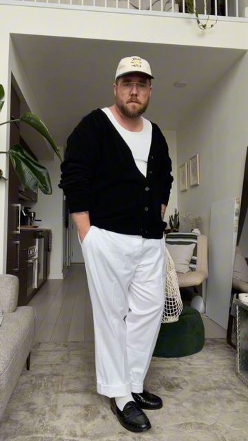 Kyle Pretzlaff on Instagram: "Stepping out of my comfort zone this fall to try new things. I went for a more fitted base undershirt and an oversized slouchier layer on top with the cardigan to balance out the relaxed fit trouser and give myself a boxier silhouette overall. -Pants are @dockerskhakis linked in my Amazon and LTK -tank is a pre-drop from @charlesmackenzieco -cardigan is from @kuwallatee -hat is from @kith from their women’s kith & kin line -Loafers are @amazonca -rings are Tank Top And Cardigan Outfits, Big Boy Fashion Men, Oversized Pants Outfit, Big Boy Fashion, Mens Inspo, How To Wear Loafers, Big Men Fashion, Out Of My Comfort Zone, Try New Things