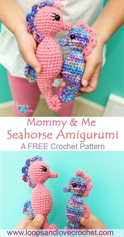 This Mommy & Me Seahorse set works up quickly and turns out so adorable! They are the perfect size for small hands, cuddling, and playing! Check out the free pattern by Loops and Love Crochet.  #amigurumi #seahorse #crochet #freecrochetpattern Baby Seahorse, Crochet Sea Creatures, Crochet Animal Amigurumi, Pola Amigurumi, Amigurumi Animals, Crochet Owl, Crochet Animals Free Patterns, Amigurumi Ideas, Crochet Amigurumi Free Patterns