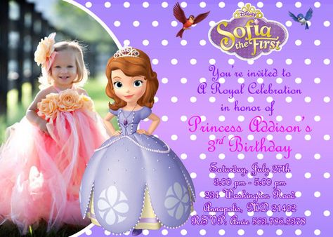 Sofia the First Birthday Party Invitation  by FunPartyPrintable, $8.99 Sofia Birthday Invitation, Sofia The First Invitation, Princess Sofia Invitations, First Birthday Invitation Cards, Princess Sofia Birthday, Princess Sofia Party, Sofia The First Birthday Party, Princess Invitation, First Birthday Invite