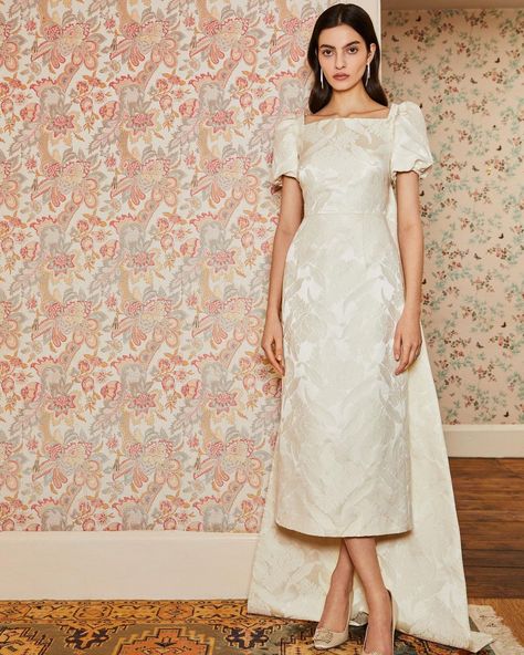 markarian bride | Now Introducing: Spring/Summer ‘24 Bridal. The Audrey short sleeve dress with train in ivory brocade. | Instagram French Wedding Dress, Midi Wedding Dress, Dress With Train, Rehearsal Dinner Dresses, Wedding Court, Fitted Midi Dress, Tea Length Wedding Dress, Brides Wedding Dress, Summer 24