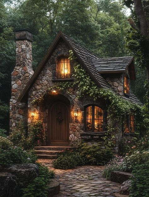 Gothic Cottage House Plans, Stone House In Forest, Medieval Country House, English Stone Cottage Exterior, Cozy House Exterior Small Cottages, Witches Cottage In The Woods, Cottagecore Architecture, Eclectic Home Exterior, House In Forest Cottages