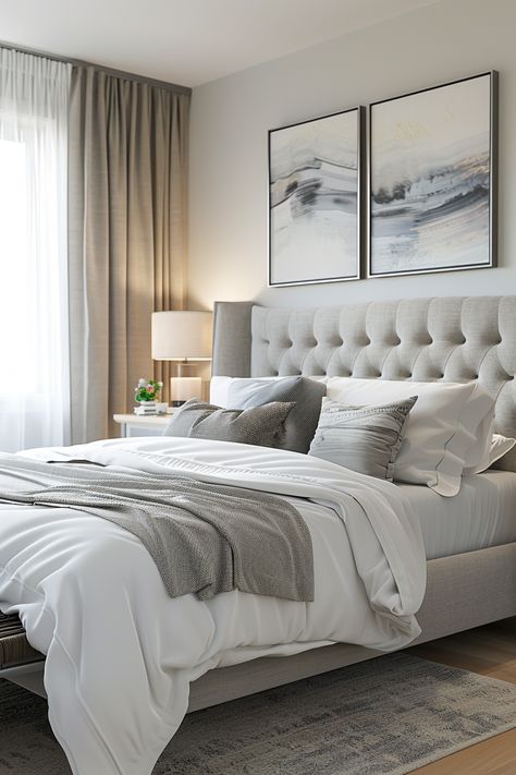 Transform Your Space: Elegant & Minimalist Bedroom Design Ideas Grey Upholstered Bed Decor, Light Grey Headboard, Light Gray Upholstered Bed, Gray Upholstered Bed, Grey Upholstered Bed, Grey Throw Blanket, White Linens, Large Bed, Cozy Fall Bedroom