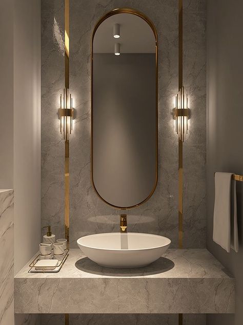 Powder Bathroom Ideas, Luxury Powder Room, Bathroom Lights Over Mirror, Contemporary Powder Room, Modern Powder Rooms, Backlit Bathroom Mirror, Powder Room Vanity, Washbasin Design, Powder Room Decor