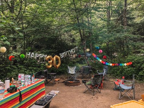 30th Birthday Camping Trip, Mountain Birthday Party, Adult Camping Party, Camping Party Activities, 30th Birthday Ideas For Women, Big 30, Birthday Bbq, Camping Birthday Party, Camping Set Up