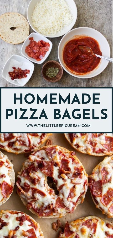 Create delicious and easy homemade pizza bagels right in your own kitchen! Perfect for a quick lunch, snack, or appetizer. #homemadepizza #bagelpizza #pizzabagelrecipe #pizzabagel Mini Pizza Bagels, Cast Iron Pizza Recipe, Delicious Pizza Recipes, School Lunch Recipes, Quick Lunch Recipes, Bagel Bites, Pizza Bagels, Easy Homemade Pizza, Homemade Bagels