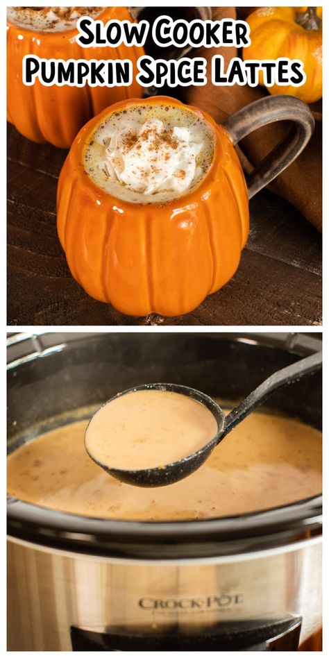 Make Pumpkin Spice Lattes for a crowd! These slow cooker pumpkin spice lattes are perfected sweetened and spiced. Great for any fall or winter party. #pumpkinspice #psl #crockpot #fall Pumpkin Spice Crockpot Drink, Crock Pot Pumpkin Spice Latte, Pumpkin Spice Appetizers, Hot Crockpot Drinks, Crockpot Fall Drinks, Crockpot Beverages, Halloween Crockpot Recipes, Slow Cooker Drinks, Crockpot Drinks