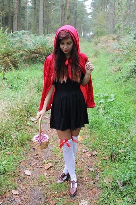 If your entire wardrobe is black, you're going to have an easy time with Halloween this year. Red Riding Hood Costume Diy, Riding Hood Costume, Red Riding Hood Costume, Diy Halloween Costumes For Women, Diy Kostüm, Costumes For Teens, Diy Halloween Costumes Easy, Red Cape, Knee Highs