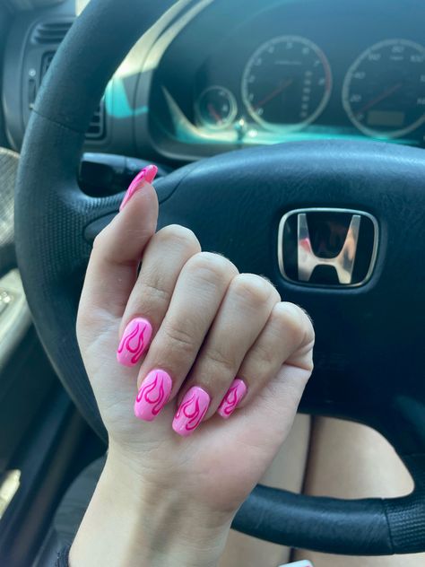 Nails with pink flame detailing Hot Pink Flame Nails, Pink Flames Nails, Pink Flame Nails, Nail Inspo Pink, Nail Details, Pink Flames, Mail Inspo, Flame Nails, Flame Decals