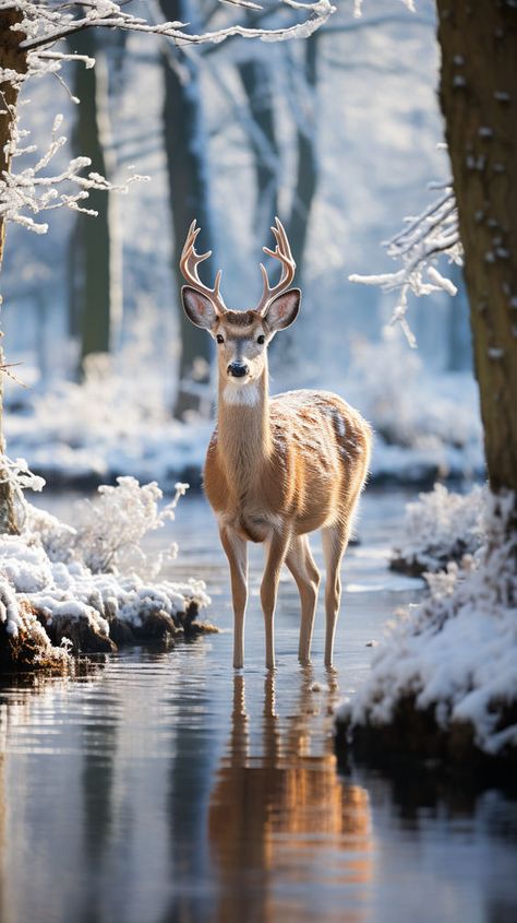 Deer Aesthetic Wallpaper, Deer In Snow, Running In Snow, Deer Snow, Ice Aesthetic, Beautiful Winter Pictures, Wildlife Wallpaper, Deer Winter, Deer Photography