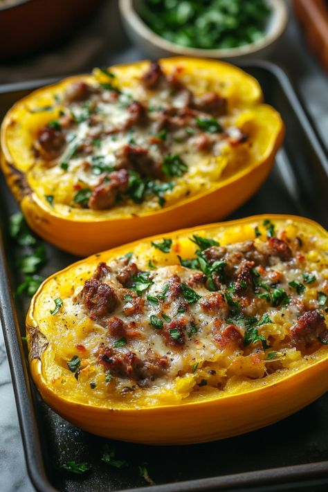 Baked spaghetti squash stuffed with sausage, cheese, and herbs on a baking sheet. Creamy Garlic Spaghetti Squash Casserole, Kielbasa And Spaghetti Squash, Aip Spaghetti Squash, 21 Day Fix Spaghetti Squash, Ground Chicken Spaghetti Squash Recipes, Baked Stuffed Spaghetti Squash, Spaghetti Squash Meals Dinners, Spaghetti Squash Main Dish Recipes, Spaghetti Squash Primavera