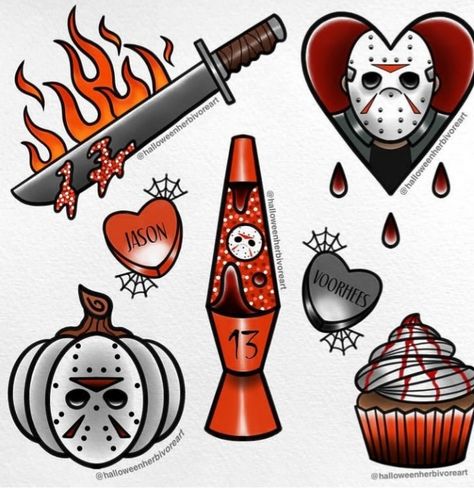 Cute Horror Movie Tattoos, It Movie Drawings, Friday The 13th Flash Sheet, Friday The 13th Tattoo Jason, Friday 13th Tattoo Flash, 13th Tattoo Ideas, Horror Flash Tattoo, Friday The 13th Tattoo Ideas, Horror Jacket