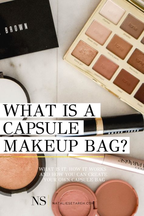 Minimal Travel Makeup Bag, Makeup Bag Must Haves, Capsule Makeup Bag, Minimal Makeup Bag Essentials, Minimal Makeup Kit, Purse Makeup Bag Essentials, Makeup Bag Essentials List, How To Pack Makeup For Travel, What’s In My Makeup Bag