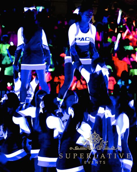 Glow Pep Rally, Black Light Pep Rally, Cheer Performance, Pep Rally Ideas, Pep Rally Themes, School Spirit Ideas Pep Rally, Rally Ideas, Cheers Theme, Pep Rally Games