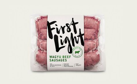 The Organic and Bold Packaging of First Light Meat — The Dieline - Branding & Packaging Design Sausages Packaging, Meat Packaging, Frozen Food Packaging, Meat Packing, Bakery Packaging, Wagyu Beef, Vacuum Packaging, Creative Package, Restaurant Menu Design