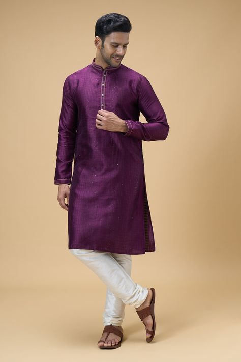 Buy Magenta Kurta Jacquard Silk Brocade Woven Geometric Sequined With Churidar For Men by Arihant Rai Sinha Online at Aza Fashions. Kurta Patterns, Silk Brocade, Churidar, Mandarin Collar, Aza Fashion, Types Of Sleeves, Custom Made, For Men, Silk