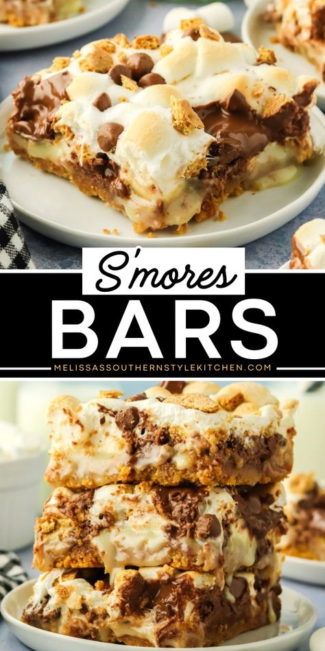 Easy to make fun summer dessert! This S'mores Bars recipe features a soft and chewy marshmallow-filled bar packed with melted chocolate atop a buttery graham cracker crust. Pack these S’mores bars and take them to picnics or for easy Labor Day party food! S'mores Cookie Bars, Treat Recipes Desserts, Portable Dessert, Easy Dessert Bars, S Mores Bars, Marshmallow Chocolate, Best Pecan Pie, Chocolate Chip Pecan Cookies, Treats Recipes