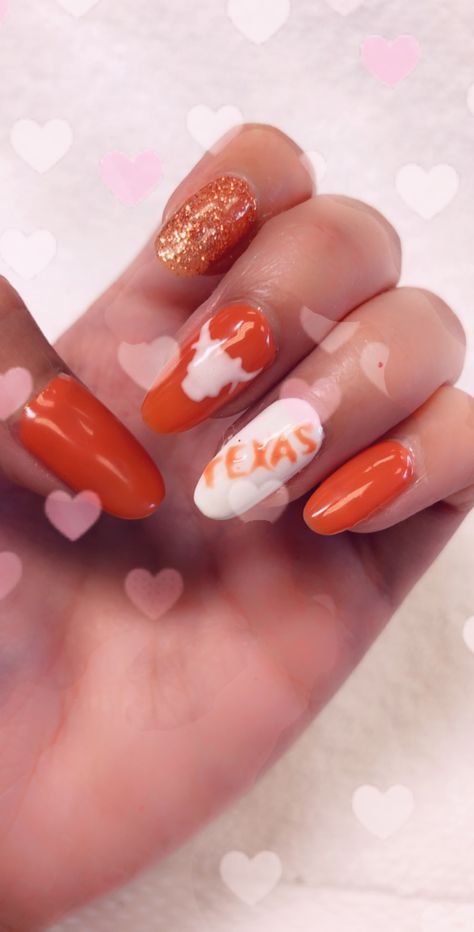 Texas Longhorns Nail Designs, Texas Nail Art, Ut Longhorn Nails, Texas Longhorns Nails, Longhorn Nails Designs, Texas Longhorn Nails, Longhorn Nails, Texas Nails, Ut Longhorns