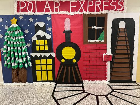 The Polar Express Bulletin Board Ideas, Christmas Bulletin Board Ideas Polar Express, Polar Express Board Ideas, Polar Express Theme Preschool, Polar Express Wall Decorations, Polar Express School Decorations, Polar Express Backdrop, Polar Express Hallway Decor, Polar Express Room Transformation