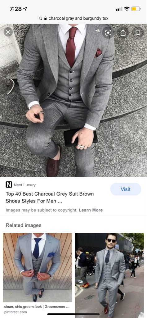 Gray Suit With Burgundy Tie, Grey Burgandy Suit, Gray Suit Maroon Tie, Grey Suit Brown Shoes, Burgundy Tux, Grad Suits, Prom Tux, Suit For Men Wedding, Grey Suit Men