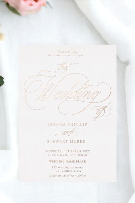 Chic photo calligraphy wedding rose gold foil invitation Rose Gold Foil Invitations, Wedding Script, Gold Foil Invitation, Afternoon Wedding, Wedding Rose, Calligraphy Wedding, Photo Wedding Invitations, Foil Invitations, Wedding Name