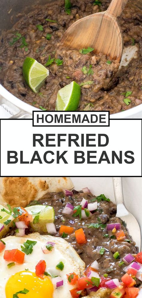 Double recipe (use one can of black black beans and one can of refried), don’t double chili pepper, no added salt, add can of mild rotel. Use vegetable broth instead of chicken Refries Black Beans Recipe, Homemade Refried Black Beans, Black Bean Refried Beans, Refried Beans Recipe Easy, Mexican Beans Recipe, How To Make Beans, Refried Black Beans, Make Refried Beans, Mexican Favorites