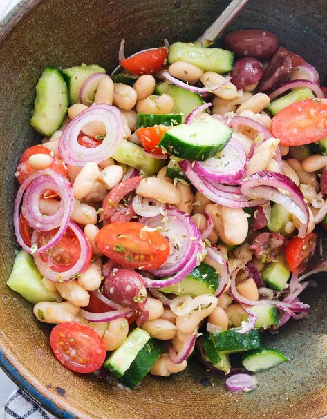 Northern Bean Salad Recipe, Mediterranean Diet Recipes Beans, Mediterranean Diet Beans, Mediterranean Bean Salad, Mediterranean Bean Recipes, Bean Salads, Bean Salad Mediterranean, Greek Dense Bean Salad, Mediterranean Dense Bean Salad