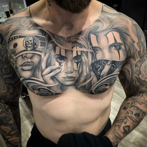 Unique Chest Tattoo Men Ideas, Tattoo Pieces Men, Chest Realism Tattoo, Men Full Chest Tattoo, Crazy Chest Tattoo Men, Full Chest Tattoo Men Ideas Unique, Best Chest Tattoos, Realism Chest Tattoo Men, Realism Chest Tattoo