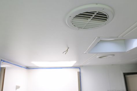 Dealing with a water leak in the ceiling of your motorhome? Come see how we replaced the ceiling panel in our RV. MountainModernLife.com Bunkhouse Camper, Headliner Repair, Paint Rv, Camper Repair, Rv Mods, Camper Redo, Rv Lighting, Van Rv, Trailer Storage