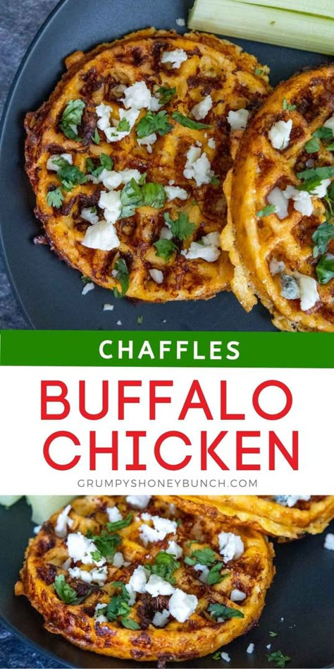 Two chaffles on a black plate topped with crumbled blue cheese and chopped cilantro Canned Chicken Waffle Maker, Recipes For Mini Waffle Maker, Chaffels Recipes, Chicken Chaffles, Chicken Chaffle, Waffle Brunch, Octavia Recipes, Savoury Waffles, Mini Waffle Recipe