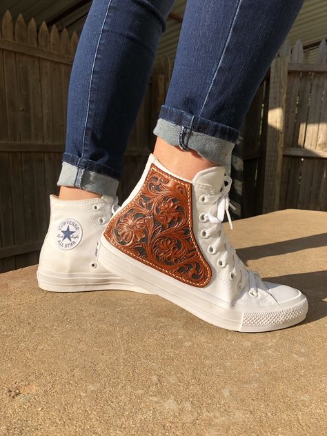 Converse With Leather Tooling, Tooled Leather High Top Converse, Leather Tooled Converse, Tooled Converse, Western Converse, Leather Phone Case Western, Tooled Leather Shoes, Custom Chucks, Western Shoes