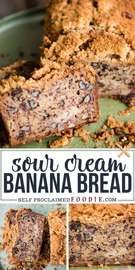 Sour Cream Banana Nut Bread is a super moist banana bread recipe with a crunchy sweet topping. Put those ripe bananas on your counter to good use and make a batch of this not-so-healthy banana nut bread. Whether you enjoy it for breakfast with a hot cup of coffee or as a late afternoon snack, you will love it! Sour Cream Banana Bread Recipe, Sour Cream Banana Muffins, Super Moist Banana Bread Recipe, The Best Banana Bread Recipe, Walnut Bread Recipe, Super Moist Banana Bread, Sour Cream Banana Bread, Best Banana Bread Recipe, Banana Bread Pudding