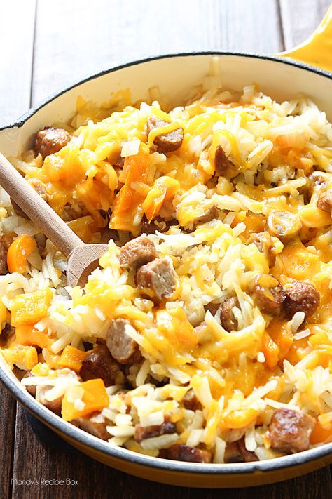 Sausage Skillet Recipe, Sausage And Rice, Breakfast Skillet Recipes, Sausage Skillet, Sausage Hash, Cheesy Hashbrowns, Breakfast Skillet, Cheese Sausage, Hash Brown