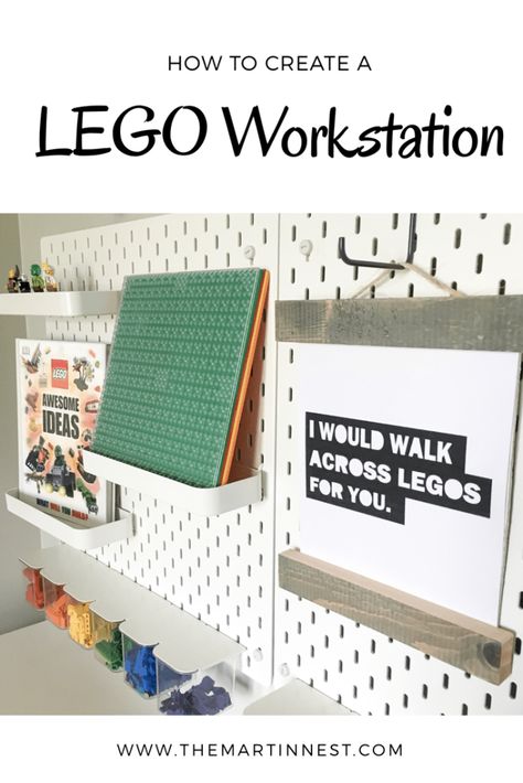 Lego Playroom Ideas, Lego Workstation, Lego Area, Lego Playroom, Lego Shelves, Lego Station, Lego Room Ideas, Lego Desk, Lego Display Ideas