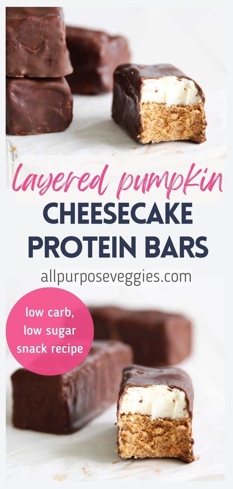 It’s not everyday that you get to enjoy both a cheesecake and a pumpkin pie—in under 30 minutes! Now you can with these delicious Healthy Layered Pumpkin Cheesecake Protein Bars. They’re creamy, sweet and perfectly spiced. Tis’ the season to feast on pumpkin cheesecake bars! For parties, get togethers, morning breakfast… no occasion needed. #proteinbars #energybars #proteinpowder #pumpkincheesecake Protein Cheesecake Bars, No Bake Pumpkin Spice Superfood Bars, Healthy Pumpkin Cheesecake, Layered Pumpkin Cheesecake, Low Sugar Snacks, Low Carb Protein Bars, Pumpkin Cheesecake Bars, Dairy Free Cream Cheese, Low Carb Flour