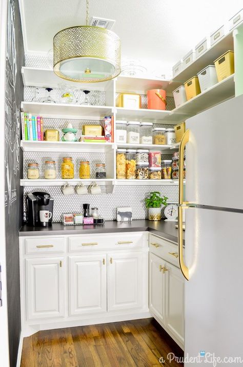 Pretty pantry organization - walk-in pantry with chalkboard wall, cabinets, open shelves and even a fridge. Love the before & after!  #pantry #kitchen #organizing Countertop Concrete, Pantry Organization Hacks, Beautiful Pantry, Cheap Cabinets, Clever Kitchen Storage, Organized Pantry, Pantry Makeover, Classic Kitchen, Kitchen Farmhouse