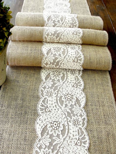 burlap & lace table runner Runner Wedding Table, Wedding Table Runner, Lace Table Runner, Deco Champetre, Rustic Table Decor, Tafel Decor, Lace Runner, Diy Vintage Decor, Burlap Table