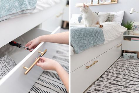 Brimnes Bed, Ikea Trones, Murphy Bed Ideas, Ikea Bed Hack, Ikea Malm Bed, Ikea Storage Hacks, Cama Ikea, Malm Bed, Murphy Bed Ikea