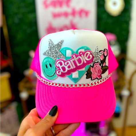 Nwt - Otto - Barbie - Patch Trucker Hat W/Removeable Silver Chain - Adjustable Snap Back! Handmade By Me! #Barbie #Icon Barbie Trucker Hat, Trucker Hat Patches, Diy Trucker Hat Ideas, Barbie Patch, Sublimation Hats, Painted Trucker Hats, Trucker Hat Diy, Trucker Hats With Patches, Hat Bouquet