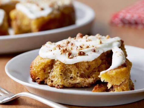 Pumpkin Cinnamon Rolls Recipe | Ree Drummond | Food Network Pumpkin Cinnamon Rolls, Pumpkin Pecan, Ree Drummond, Cinnamon Rolls Recipe, Delicious Vegetarian, Chopped Pecans, Rolls Recipe, Pioneer Woman, Cheese Frosting