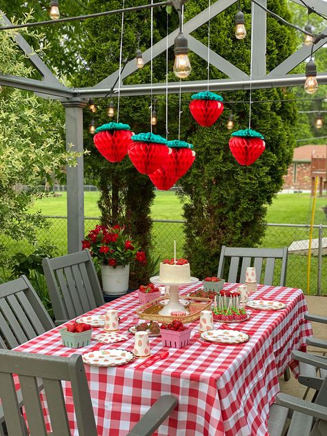 Strawberry Farm Party, Berry Themed Party Decorations, Strawberry Birthday Table Decorations, Strawberry Birthday Party Centerpieces, Strawberry Farm Birthday Party, Strawberry Theme Table Decor, Raspberry Themed Party, 1 Year Summer Birthday Party, Strawberry Theme Decorations