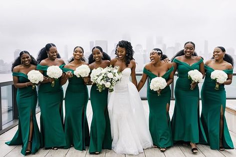 Still crushing on Rhonia and her girls in winter green   #amyanaizphoto #ido #bridesmaids #profoto #nycweddingphotographer #whiterunway #bridetribe #weddinginspiration #greendress Emerald Green Wedding Theme, African Bridesmaids, Off Shoulder Bridesmaid, Emerald Green Bridesmaid Dresses, Off Shoulder Bridesmaid Dress, Dark Green Bridesmaid Dress, Satin Gowns, Emerald Bridesmaid Dresses, Mermaid Bridesmaid